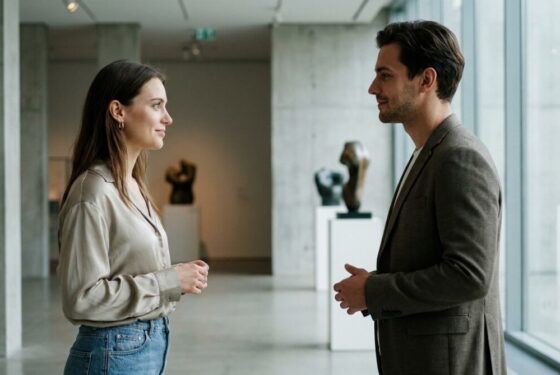 Kobieta i mężczyzna w galerii sztuki, intensywne spojrzenia i subtelne napięcie emocjonalne