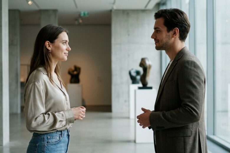 Kobieta i mężczyzna w galerii sztuki, intensywne spojrzenia i subtelne napięcie emocjonalne