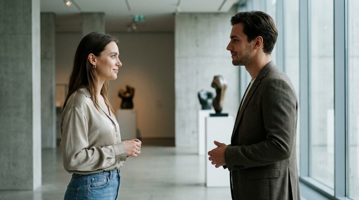 Kobieta i mężczyzna w galerii sztuki, intensywne spojrzenia i subtelne napięcie emocjonalne