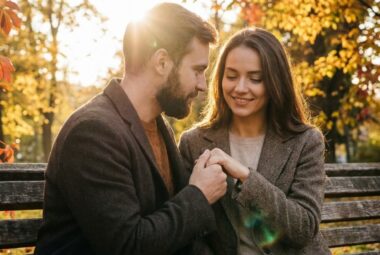 Mężczyzna trzymający dłoń kobiety na ławce w parku, okazujący troskę i zaangażowanie emocjonalne