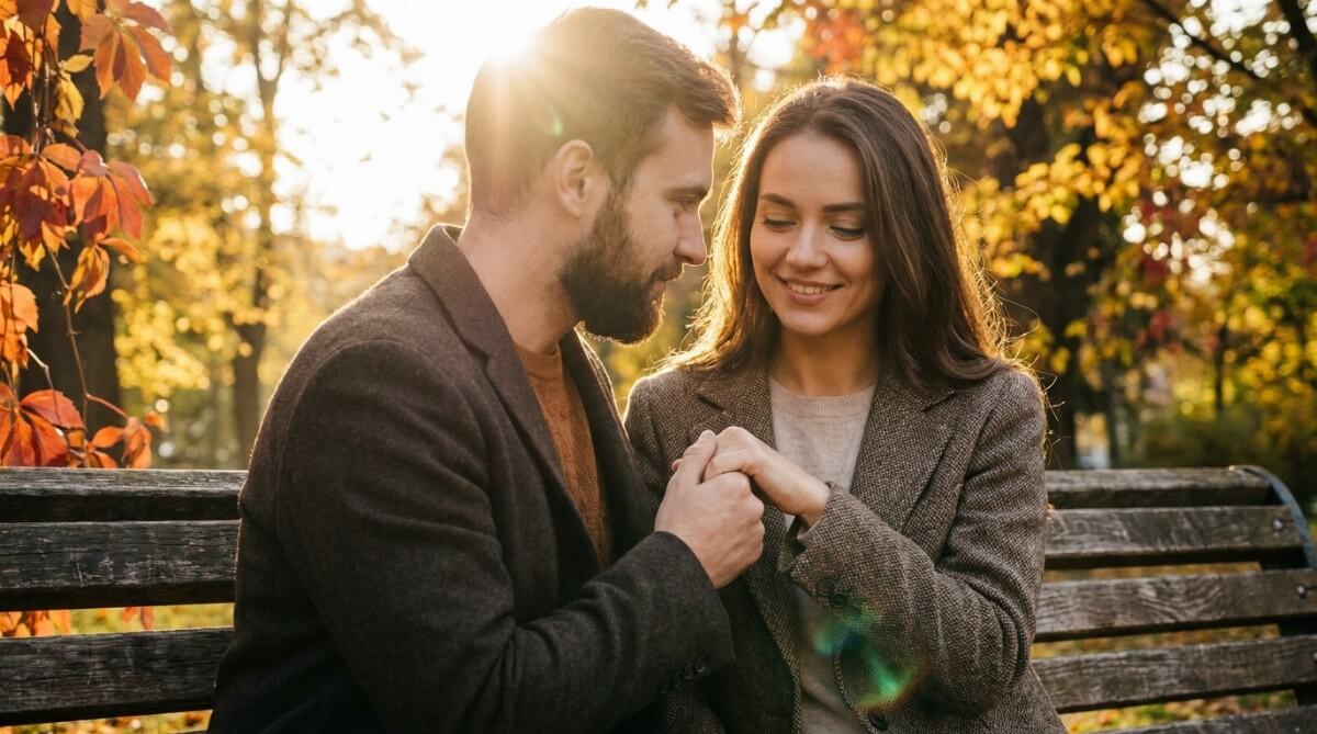 Mężczyzna trzymający dłoń kobiety na ławce w parku, okazujący troskę i zaangażowanie emocjonalne