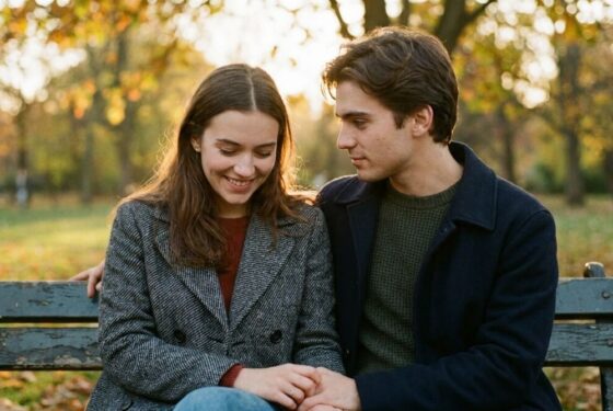 Młoda para w kawiarni wymieniająca subtelne spojrzenia, symbolizująca początek zakochania