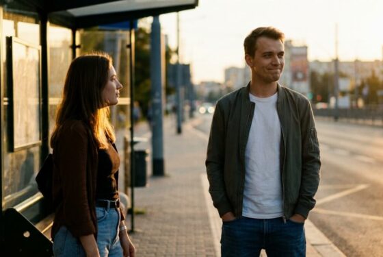 Mężczyzna na przystanku autobusowym reaguje subtelnym uśmiechem i mową ciała na kobietę, która mu się podoba