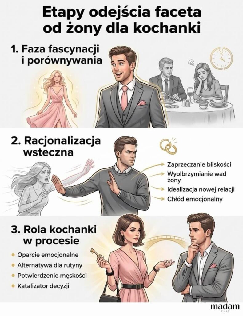 Infografika edukacyjna z tytułem "Etapy odejścia faceta od żony dla kochanki". Grafika jest podzielona na trzy równe pionowe sekcje: fazę fascynacji, racjonalizację wsteczną oraz rolę kochanki. Utrzymana w kolorystyce pudrowego różu, szarości, czerni i szampańskiego złota. Ilustracje łączą styl realistyczny z wektorowym, ukazując emocje postaci