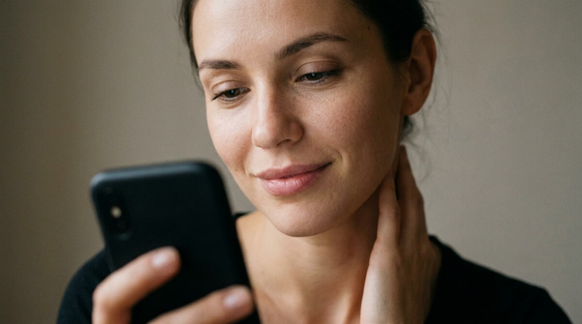 Kobieta flirtująca przez SMS, bliski kadr twarzy i telefonu, zmysłowa atmosfera