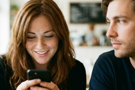 Kobieta flirtująca przez telefon obok partnera, sugestia zdrady emocjonalnej w związku