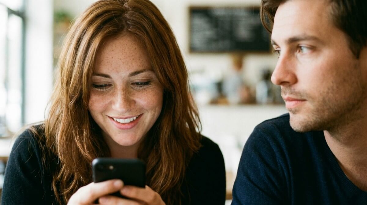 Kobieta flirtująca przez telefon obok partnera, sugestia zdrady emocjonalnej w związku