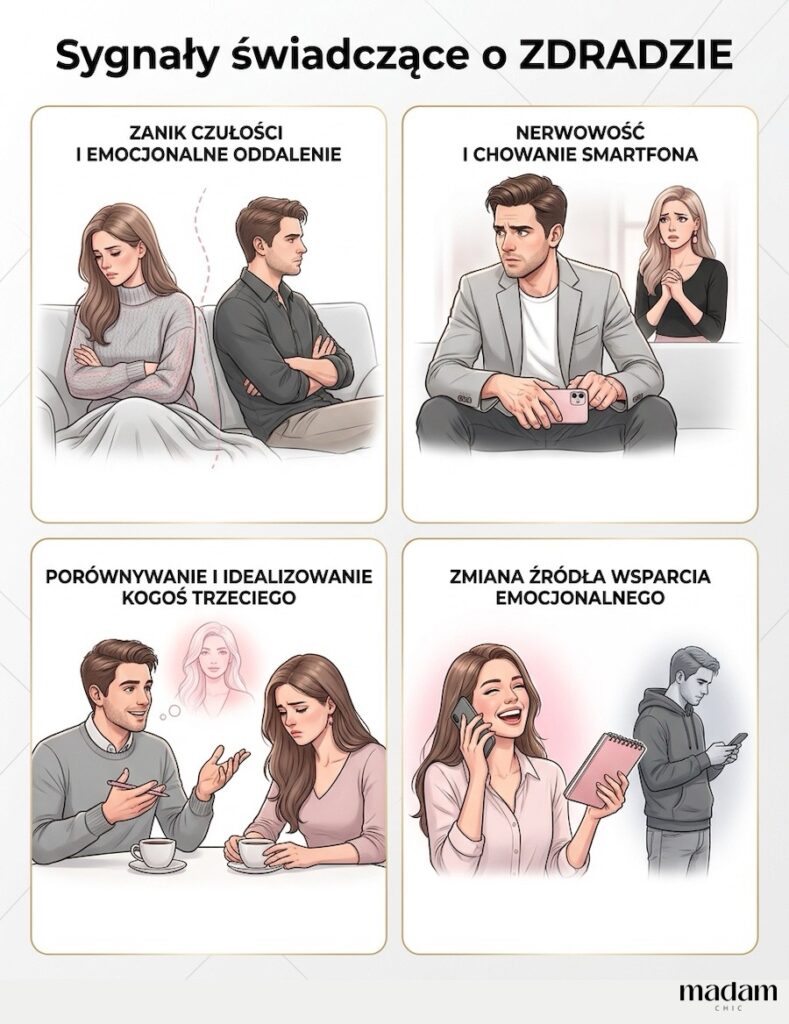 Infografika pokazująca cztery wyraźne sygnały zdrady emocjonalnej: wycofanie emocjonalne, ukrywanie telefonu, porównywanie partnera do osoby trzeciej oraz przeniesienie wsparcia emocjonalnego poza związek