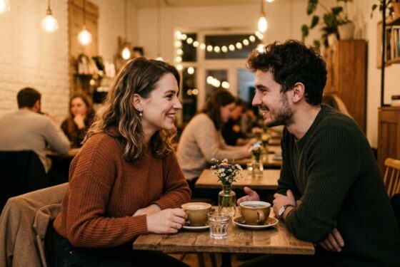Kobieta i mężczyzna flirtują przy stoliku w kawiarni, utrzymując kontakt wzrokowy