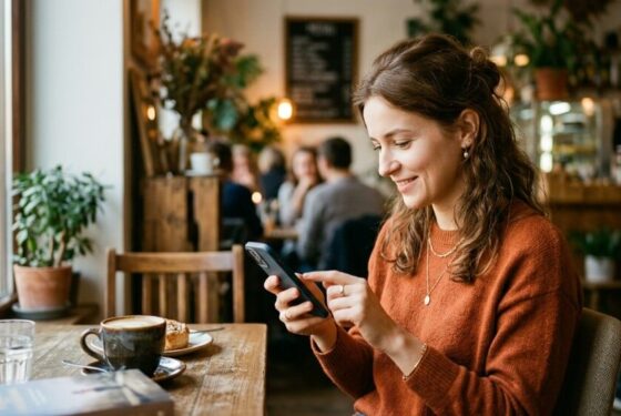 Młoda kobieta przeglądająca aplikację randkową na smartfonie w kawiarni