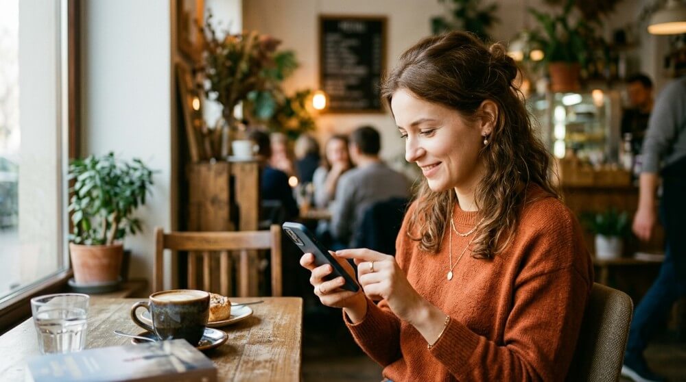 Młoda kobieta przeglądająca aplikację randkową na smartfonie w kawiarni