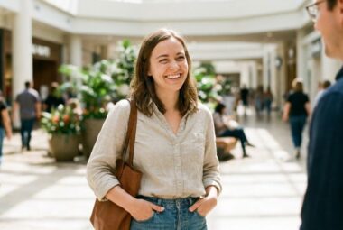 Pewna siebie i autentyczna kobieta w naturalnej sytuacji, emanująca spokojem i magnetyzmem