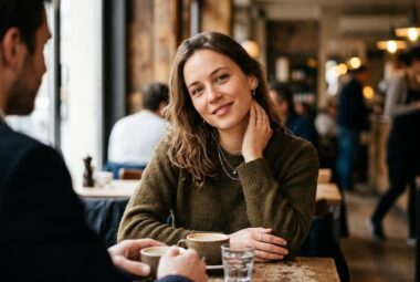 Kobieta delikatnie dotyka szyi i utrzymuje kontakt wzrokowy podczas rozmowy w kawiarni