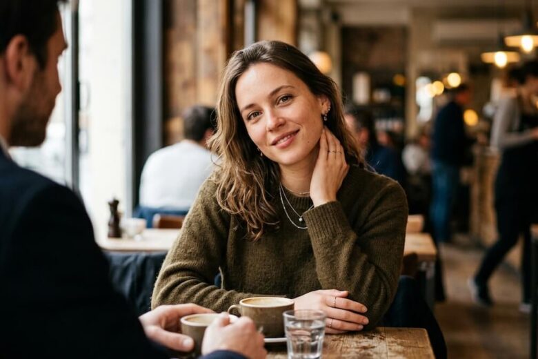 Kobieta delikatnie dotyka szyi i utrzymuje kontakt wzrokowy podczas rozmowy w kawiarni