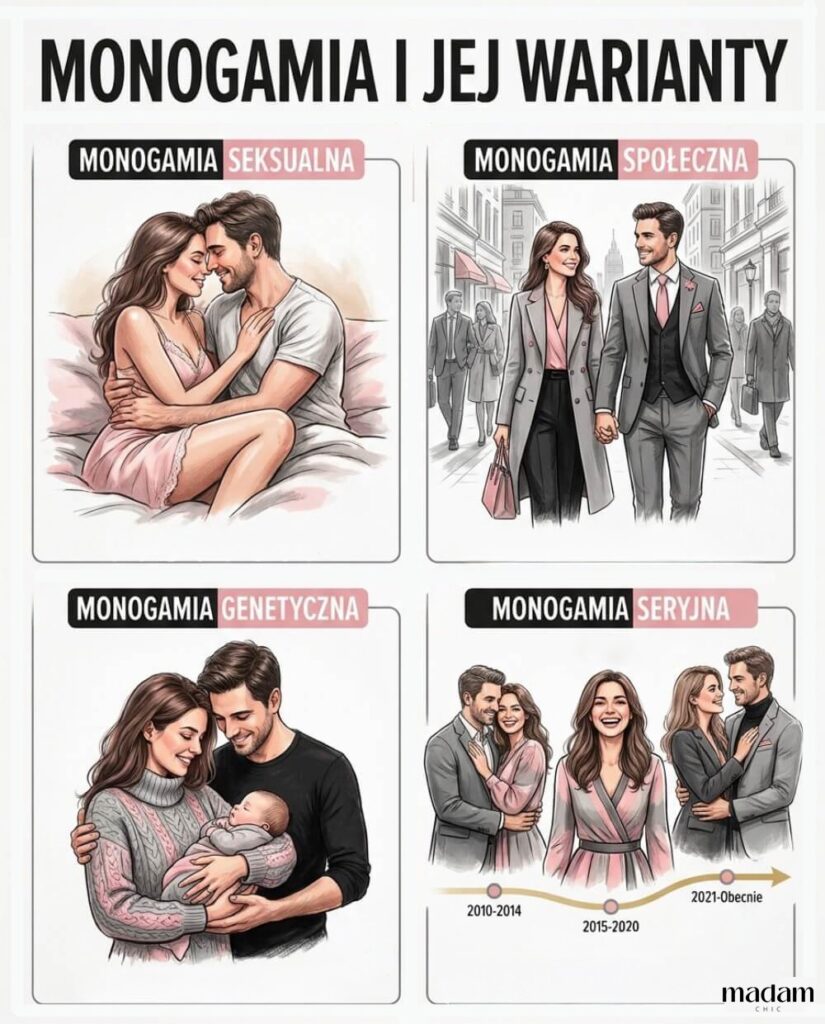 Infografika podzielona na cztery sekcje, ilustrująca typy monogamii: seksualną, społeczną, genetyczną oraz seryjną