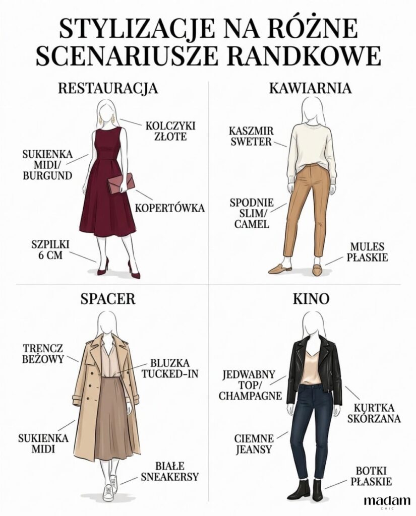 Infografika modowa i cztery podpisane stylizacje randkowe: restauracja, kawiarnia, spacer i kino. Szkic tuszem z realistyczną paletą barw i etykietami każdego elementu garderoby