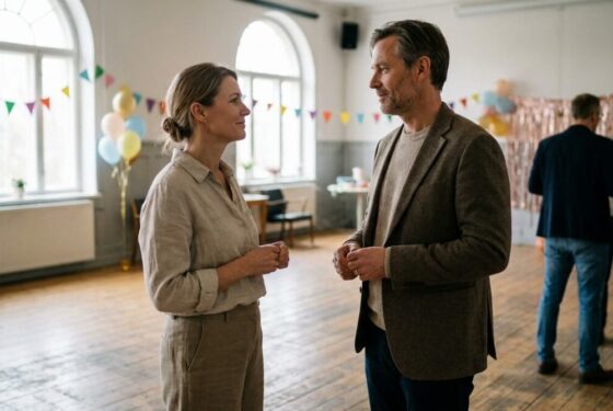 Dojrzała kobieta i mężczyzna prowadzą spokojną rozmowę