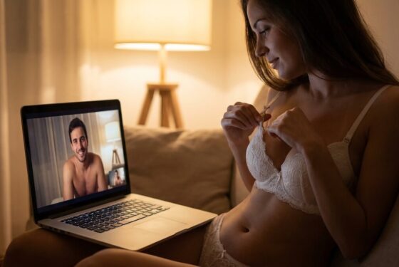 Kobieta odpinający stanik podczas odważnej wideo rozmowy z partnerem jako sexting
