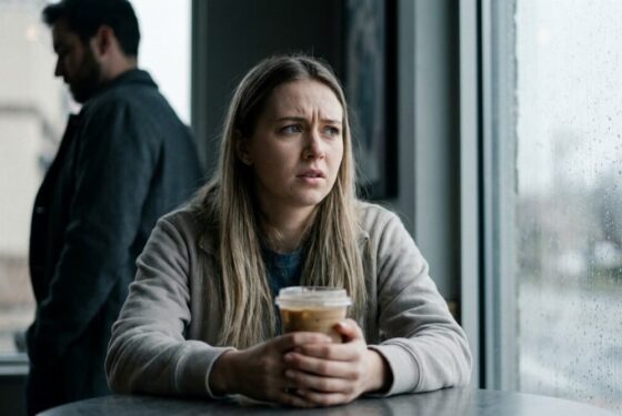 Kobieta siedząca samotnie w kawiarni, zamyślona nad telefonem, symbolizująca emocjonalną manipulację i dezorientację w toksycznej relacji