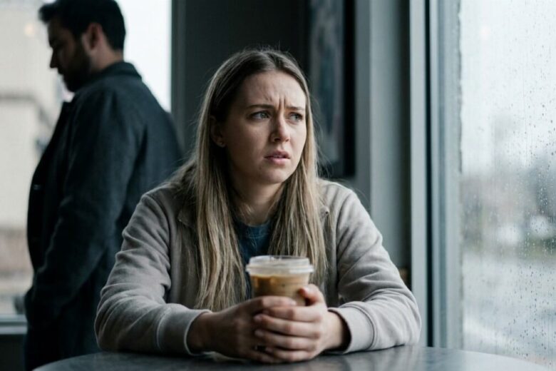 Kobieta siedząca samotnie w kawiarni, zamyślona nad telefonem, symbolizująca emocjonalną manipulację i dezorientację w toksycznej relacji