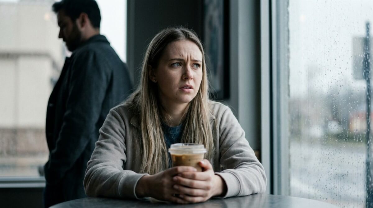 Kobieta siedząca samotnie w kawiarni, zamyślona nad telefonem, symbolizująca emocjonalną manipulację i dezorientację w toksycznej relacji