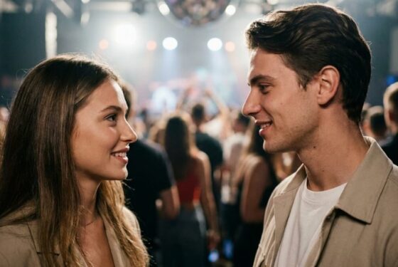 Szczera rozmowa dwojga dorosłych z nutą intrygi w spojrzeniach podczas imprezy