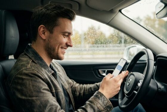 Uśmiechnięty mężczyzna czytający romantyczną wiadomość SMS na telefonie