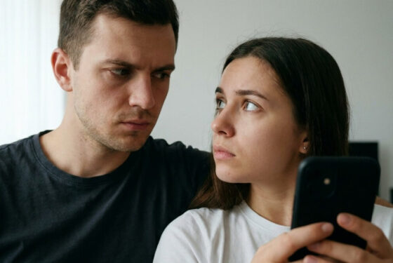 Kadr młodej pary, mężczyzna patrzy z zazdrością na telefon kobiety, kobieta zauważa jego reakcję i wygląda na lekko spiętą