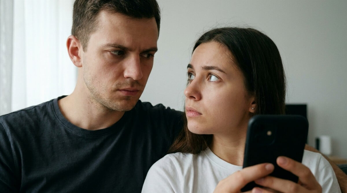 Kadr młodej pary, mężczyzna patrzy z zazdrością na telefon kobiety, kobieta zauważa jego reakcję i wygląda na lekko spiętą