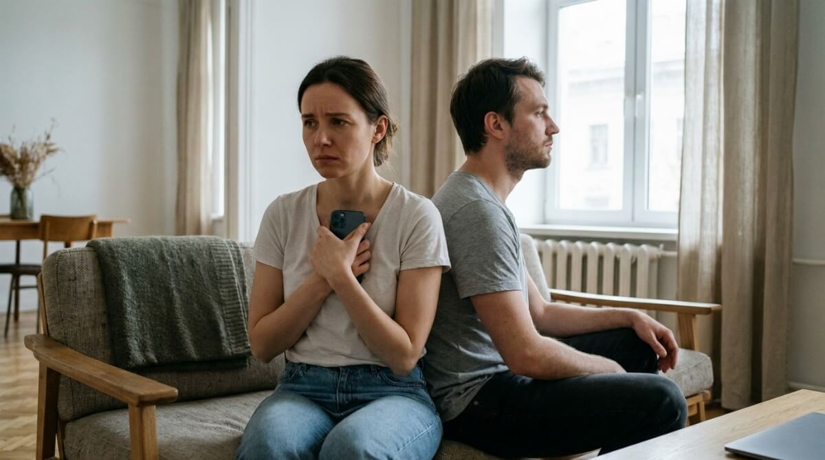 Para w jednym pokoju, emocjonalnie od siebie oddalona, symbol zdrady emocjonalnej