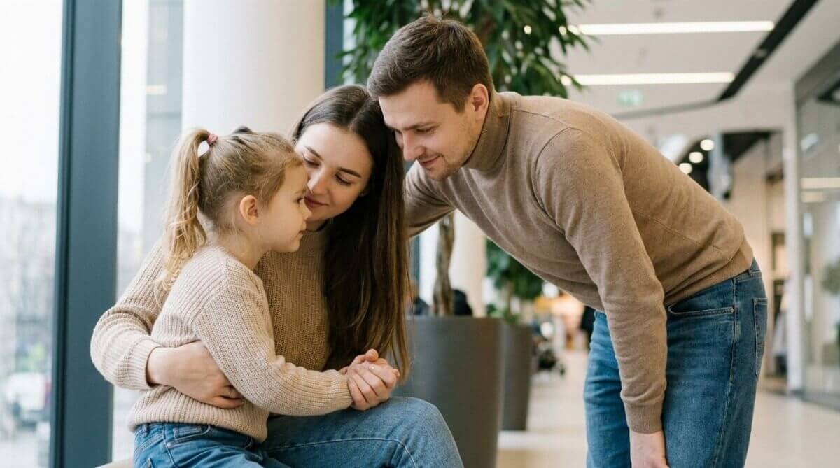 Samotna matka z córką i nowym partnerem pokazujący bliskość i budującą się relację