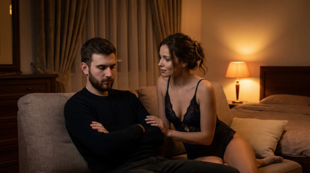 Kobieta w bieliźnie przed facetem na kanapie