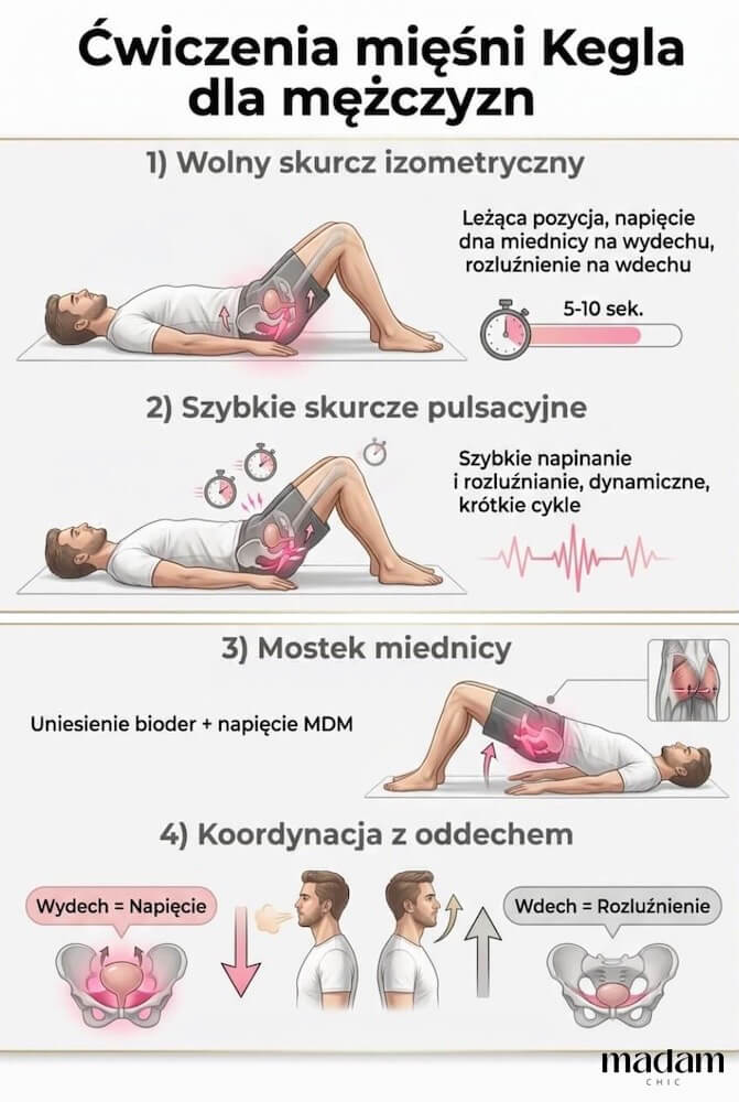 Infografika edukacyjna przedstawiająca 4 ćwiczenia mięśni Kegla dla mężczyzn, podzielona pionowo na dwie sekcje, z opisami: wolny skurcz, szybkie pulsacje, mostek miednicy i koordynacja oddechu