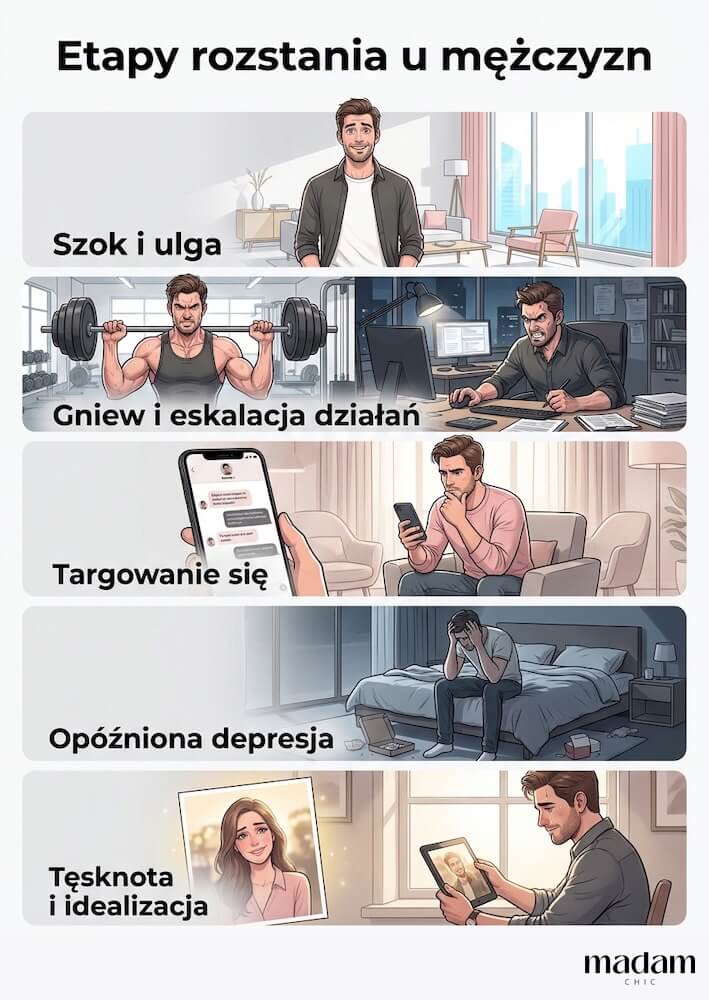 Infografika prezentująca etapy rozstania z perspektywy mężczyzny