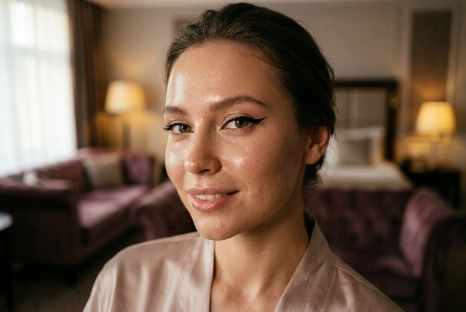 Kobieta z rozświetloną skórą i kreską eyelinerem