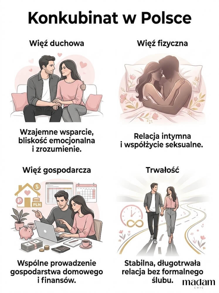 Infografika „Konkubinat w Polsce” pokazująca cztery warunki relacji: więź duchową, fizyczną, gospodarczą i trwałość