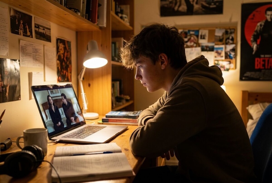 Nastolatek przy laptopie oglądający filmy dla dorosłych