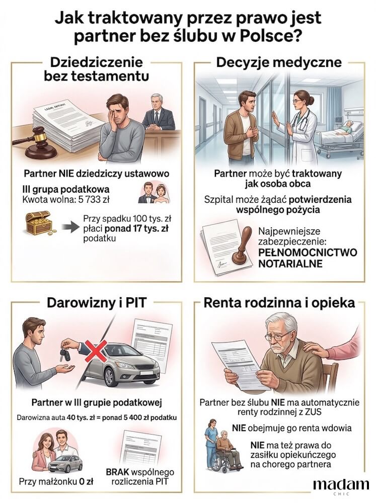 Infografika pokazująca, jak polskie prawo traktuje partnera bez ślubu w zakresie dziedziczenia, decyzji medycznych, podatku od darowizn i PIT oraz renty rodzinnej i opieki