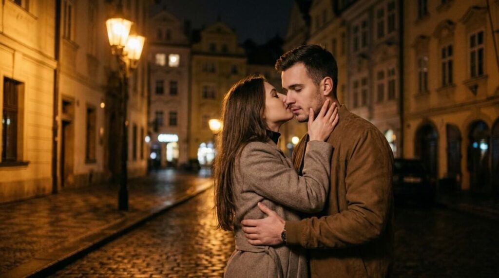 Przytulenie atrakcyjnej kobiety i mężczyzny nocą na ulicy, intymny gest w realistycznej scenerii