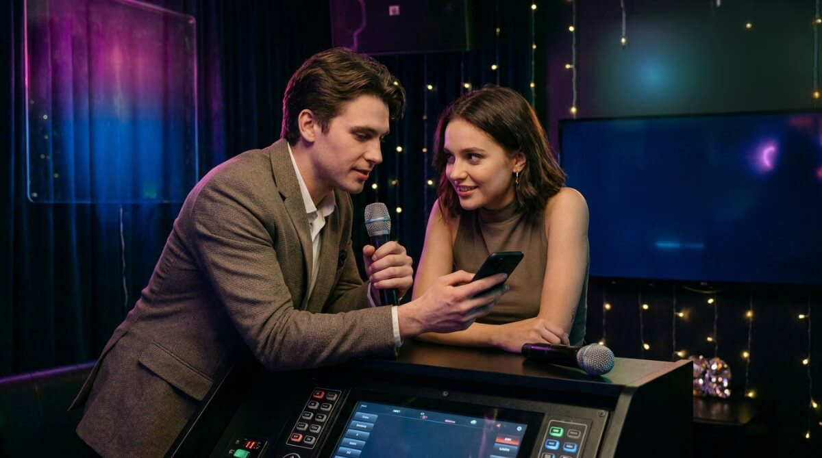 Dwoje młodych dorosłych flirtuje w sali karaoke, a chłopak pokazuje dziewczynie zabawny tekst na podryw w telefonie